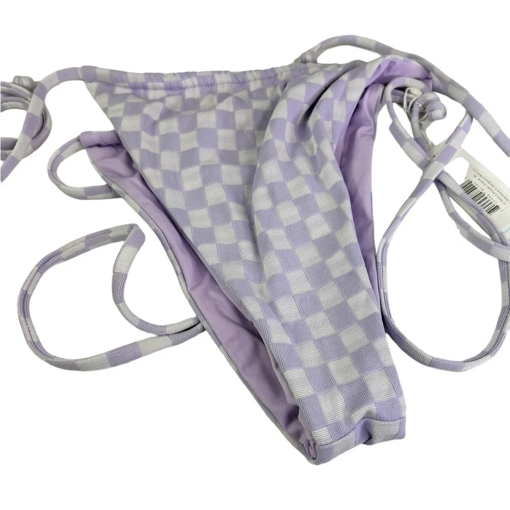 New Frankie's Bikini Tia Checkered String Bikini Bottom Light Purple White XL